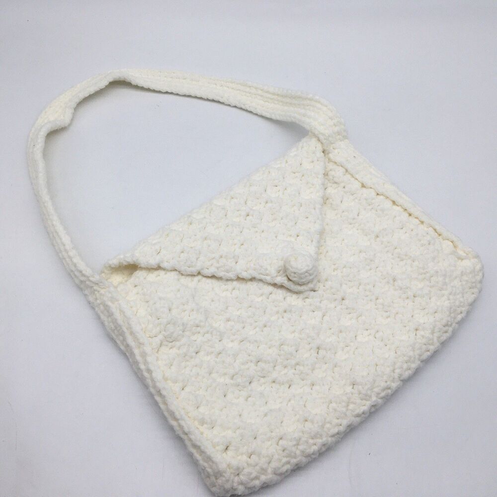 VTG Handmade Crochet  Shoulder Bag Boho Knit Purse Creamy White Lined Festival